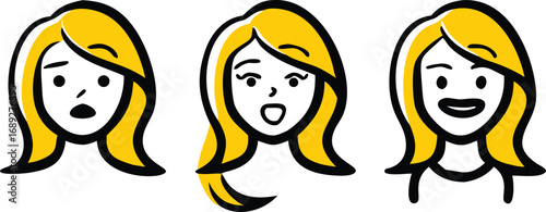 Three cartoon women faces expressing different emotions with blonde hair and outline style transparent background