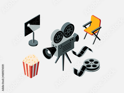 Isometric Movie Making Elements including Vintage Camera Lighting Reel and Director Chair for Cinema Production