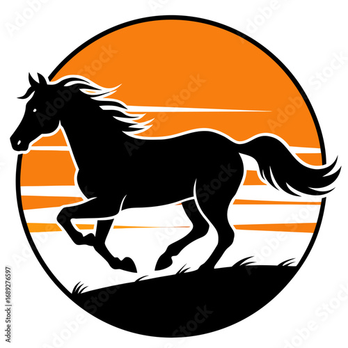A black horse silhouette running against an orange sunset in a circle frame