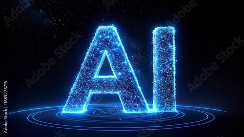 Artificial intelligence letters dissolving into digital particles in futuristic 3D plexus network visualization representing machine learning and big data technology concepts
