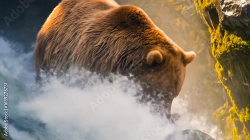 A bear catching salmon from a waterfall.