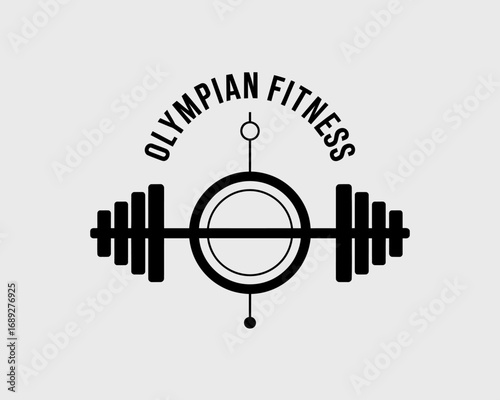 Olympian Fitness Logo Design with Barbell Illustration in Black and White Symbolizing Strength and Health for Gyms and Personal Training