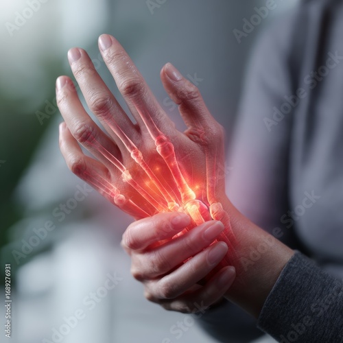 An illustration showing wrist and hand bones highlighted in red