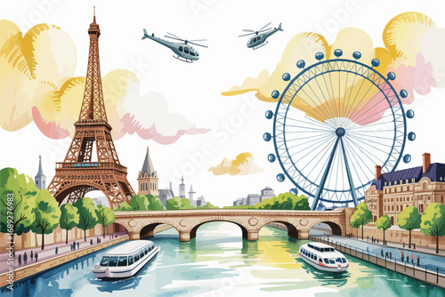 Parisian Charm Watercolor Illustration featuring Eiffel Tower Ferris Wheel Boats and Helicopters evoking a sense of wanderlust and travel adventure