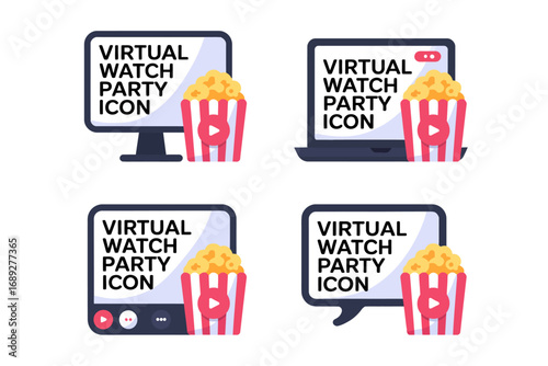 Virtual Watch Party Icons Featuring Computer Laptop Tablet and Speech Bubble with Popcorn Emphasizing Modern Digital Entertainment