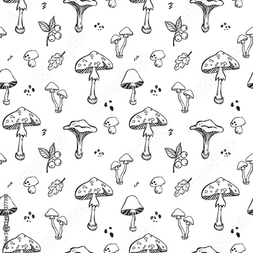 Hand-drawn mushrooms and berries pattern in black and white for textile or wallpaper design. Vector pattern