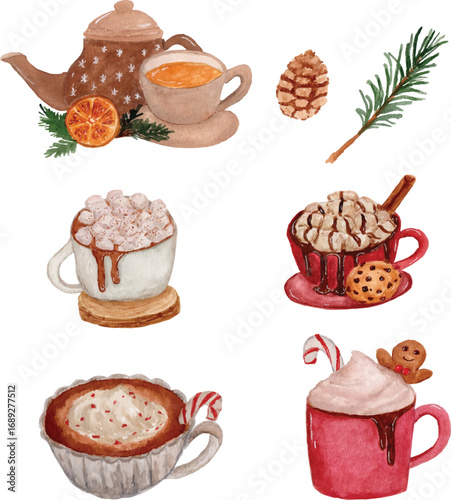 watercolor warm drink set, hot cocoa, marshmallow, candy cane, gingerbread, cookie and cream 