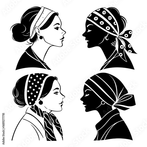 Four diverse women in profile two in silhouette and two in line art adorned with stylish headscarves and bandanas representing fashion and beauty