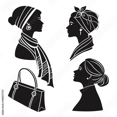 Elegant black and white silhouettes of three women s profiles adorned with stylish headscarves scarves earrings and a handbag representing fashion and beauty
