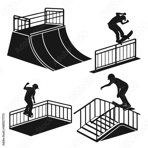 Collection of black silhouette illustrations of skateboarders performing tricks on ramps rails stairs and halfpipe in a skatepark setting