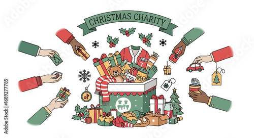 Hands donating gifts and money to a large Christmas charity box.