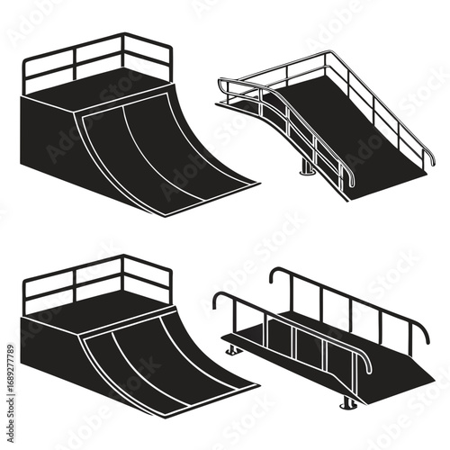 Collection of four black and white isometric illustrations of skate park ramps and obstacles including a half pipe and a manual pad with rails for extreme sports and urban recreation
