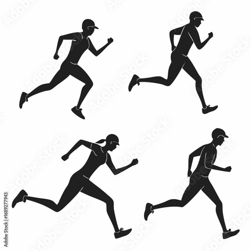 Silhouettes of four runners in motion two men and two women all wearing baseball caps and athletic wear captured in dynamic running poses against a white background