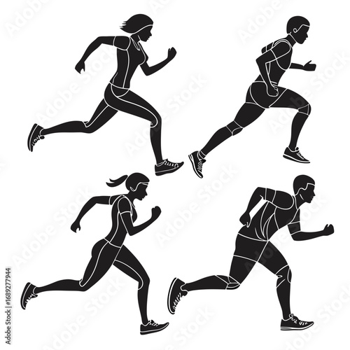 Dynamic silhouettes of four runners in motion two men and two women depicting athleticism and speed on a white background