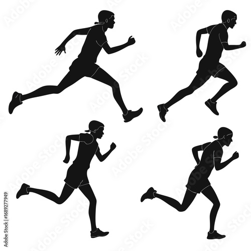Four dynamic black silhouettes of athletes running in different poses against a white background capturing motion and speed in a clean graphic style
