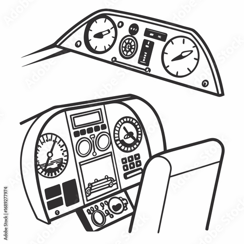 Black and white line drawing illustration of an airplane cockpit dashboard with various instruments and controls viewed from the pilot s perspective