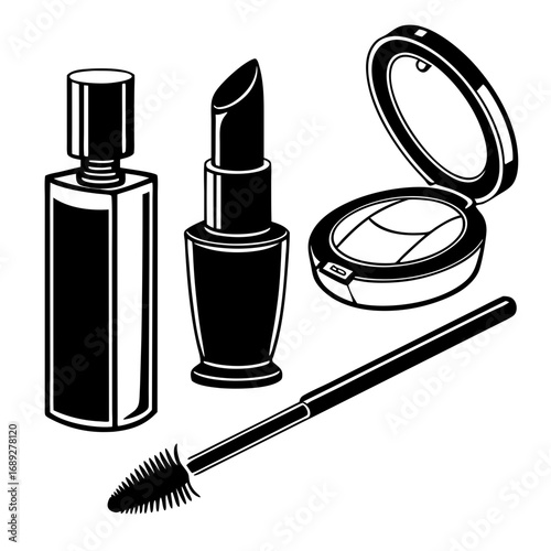 A collection of black and white graphic icons representing essential makeup items including lipstick mascara a compact powder and a perfume bottle perfect for beauty and cosmetic themes