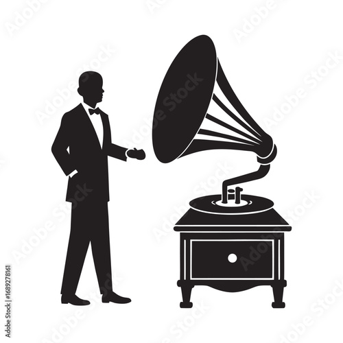 Antique Phonograph With Crank Handle Silhouette