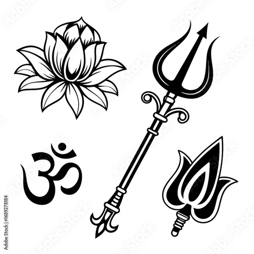 Collection of hindu religious symbols including a lotus flower om symbol and a trident presented as black and white graphic illustrations on a white background