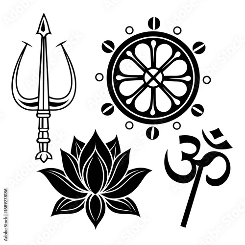 A collection of iconic religious symbols including the om symbol dharma wheel lotus flower and a trident presented in a clean black and white graphic style