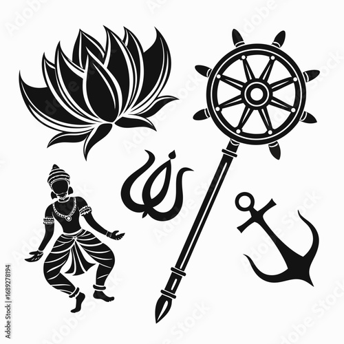 Collection of indian cultural symbols including a lotus flower a dancer a trident a dharma wheel and an anchor presented as black silhouettes on a white background