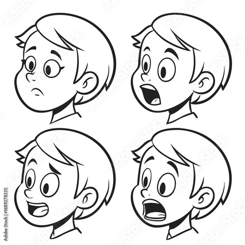 Set of four cartoon children s faces displaying a range of emotions including surprise shock sadness and excitement in a simple black and white line art style