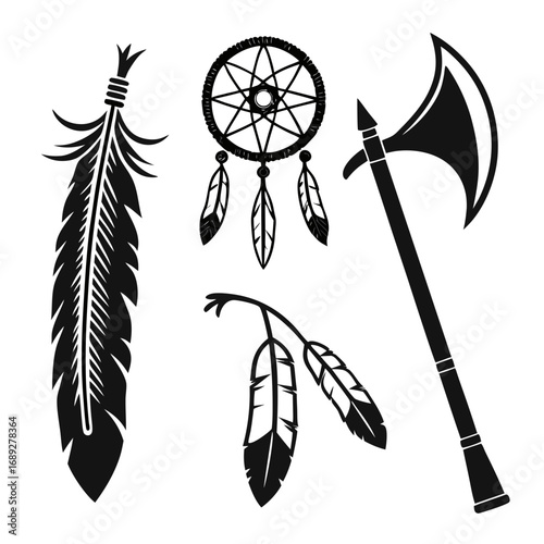 A collection of black silhouette icons featuring a large feather a dreamcatcher with dangling feathers a battle axe and a small cluster of feathers representing native american culture and symbolism