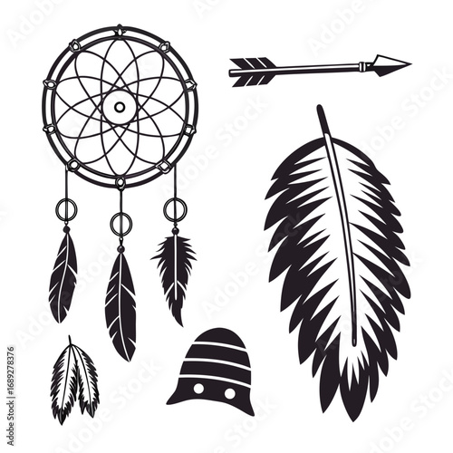 Tribal native american inspired dreamcatcher with feathers arrow and headdress elements in a black and white silhouette design perfect for boho or spiritual themes