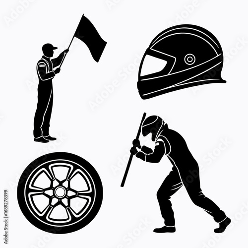 Collection of black silhouette icons representing elements of motorsports including a race official with a flag a racing helmet a racing tire and a driver in a suit