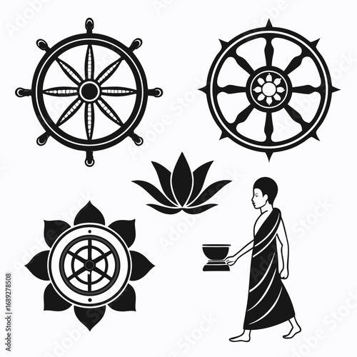 Collection of buddhist symbols including the dharma wheel lotus flowers and a monk carrying an alms bowl presented in a clean black and white graphic style