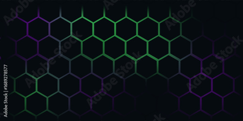 Dark hexagonal technology abstract vector background with purple and green colored bright flashes under hexagon. Hexagonal gaming vector.