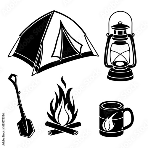 A collection of black and white camping icons including a tent lantern shovel campfire and mug perfect for outdoor adventure themes