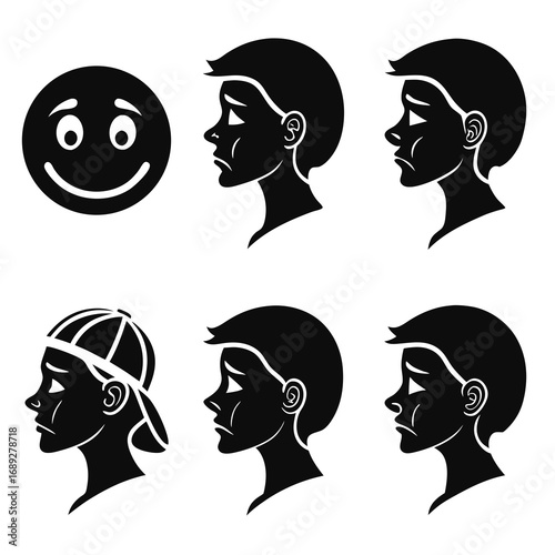Collection of black silhouette profiles of a young boy displaying various sad and unhappy emotions contrasted with a single happy smiley face icon