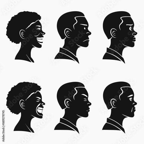Set of six black silhouette profile portraits of people displaying a range of emotions from joy and anger to sadness and frustration against a white background