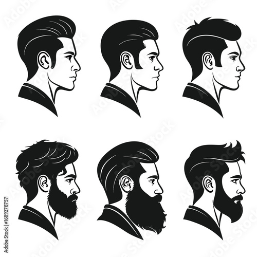 Collection of six stylized black and white profile portraits of men showcasing diverse hairstyles and beard styles from clean shaven to full beards