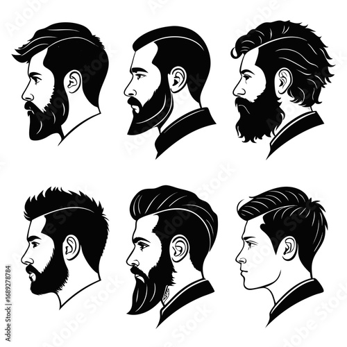 A collection of six stylized black and white profile illustrations of men s hairstyles and beard styles showcasing diverse grooming trends and masculine aesthetics