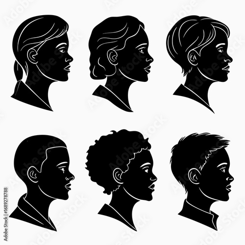 Diverse silhouettes of children and young adults in profile view showcasing various hairstyles and ethnicities against a white background