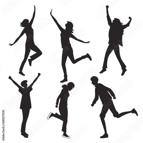 Group of diverse people silhouettes in dynamic poses celebrating success and joy with energetic movements against a clean white background representing freedom and achievement