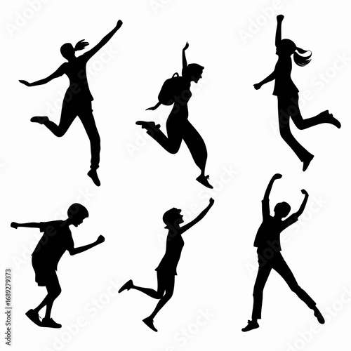 Diverse group of six silhouettes of people including children and adults joyfully jumping and celebrating with arms raised against a clean white background representing freedom and happiness