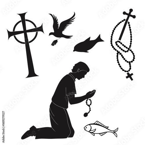 Silhouette of a person praying with rosary beads surrounded by christian symbols including a celtic cross a dove with an olive branch a fish and a rosary with a cross