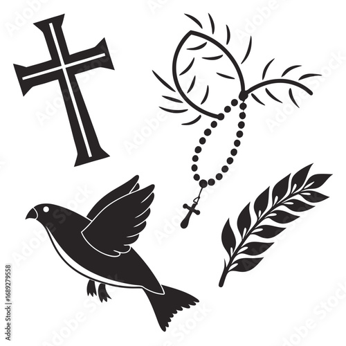 Christian symbols including a cross rosary beads with a crucifix a dove and a laurel branch representing faith peace and remembrance in a simple black silhouette design