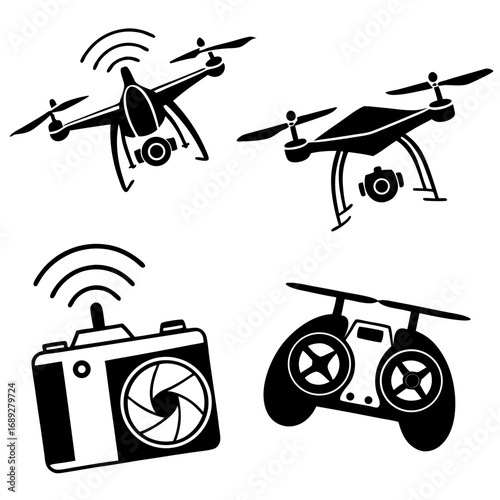 Collection of black and white vector icons depicting drones a camera with signal waves and a remote control for aerial photography and videography