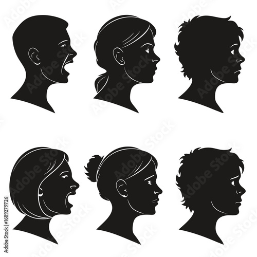 Diverse human head silhouettes displaying a range of emotions from anger and sadness to distress and shock in profile view against a white background