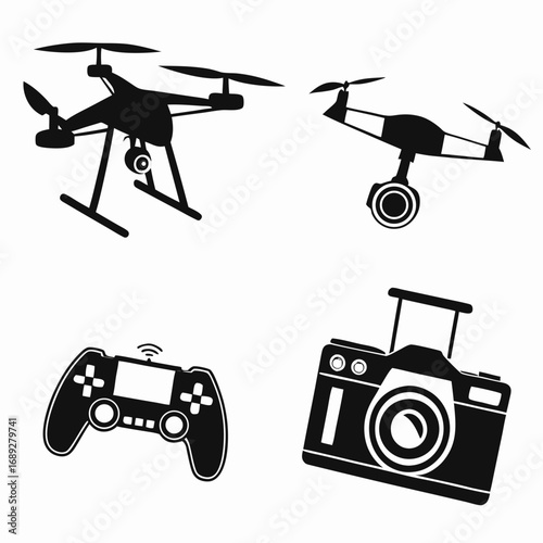 Set of four black silhouette icons featuring two different drones a video game controller and a camera representing aerial photography and gaming technology