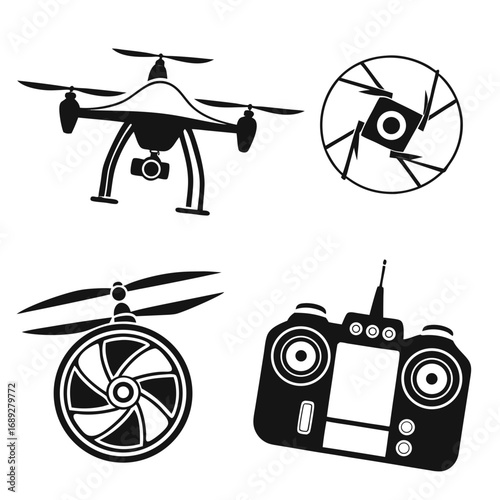 Set of four black and white silhouette icons representing drone technology including a quadcopter with camera a drone camera lens a propeller and a remote control