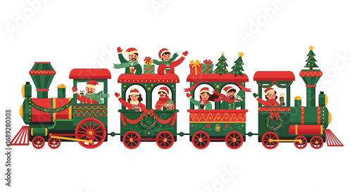 A festive Christmas train journey, filled with joyful families and presents.