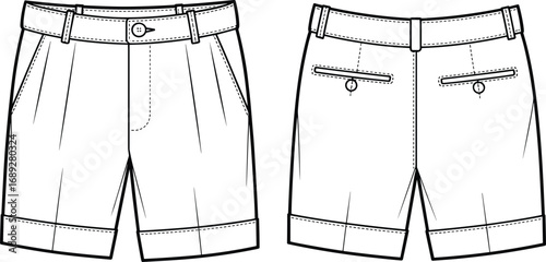 Men’s pleated shorts technical flat sketch, front and back view cad drawing, detailed fashion vector for apparel design template
