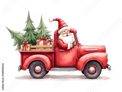 Jolly Santa Claus driving a red retro pickup truck with Christmas trees and wrapped gift boxes in the back