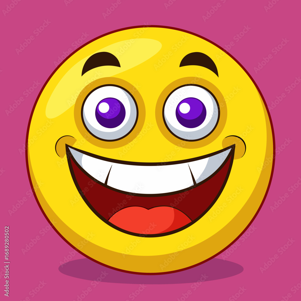 Fototapeta premium Joyful yellow smiley face with big grin and purple eyes