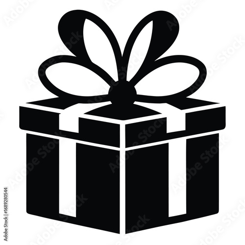 Simple black gift box with ribbon and bow on white background Keywords: gift, present, box, ribbon